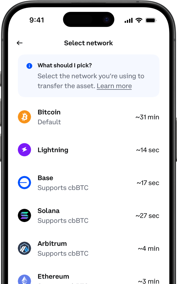 Coinbase Lightning network selection screen